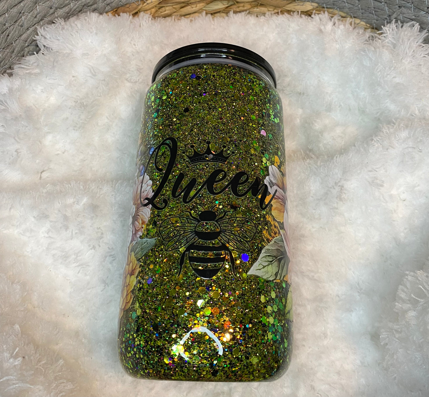 16oz Glass Can Snow Globe Tumbler - Glitter & Floral Bee Design