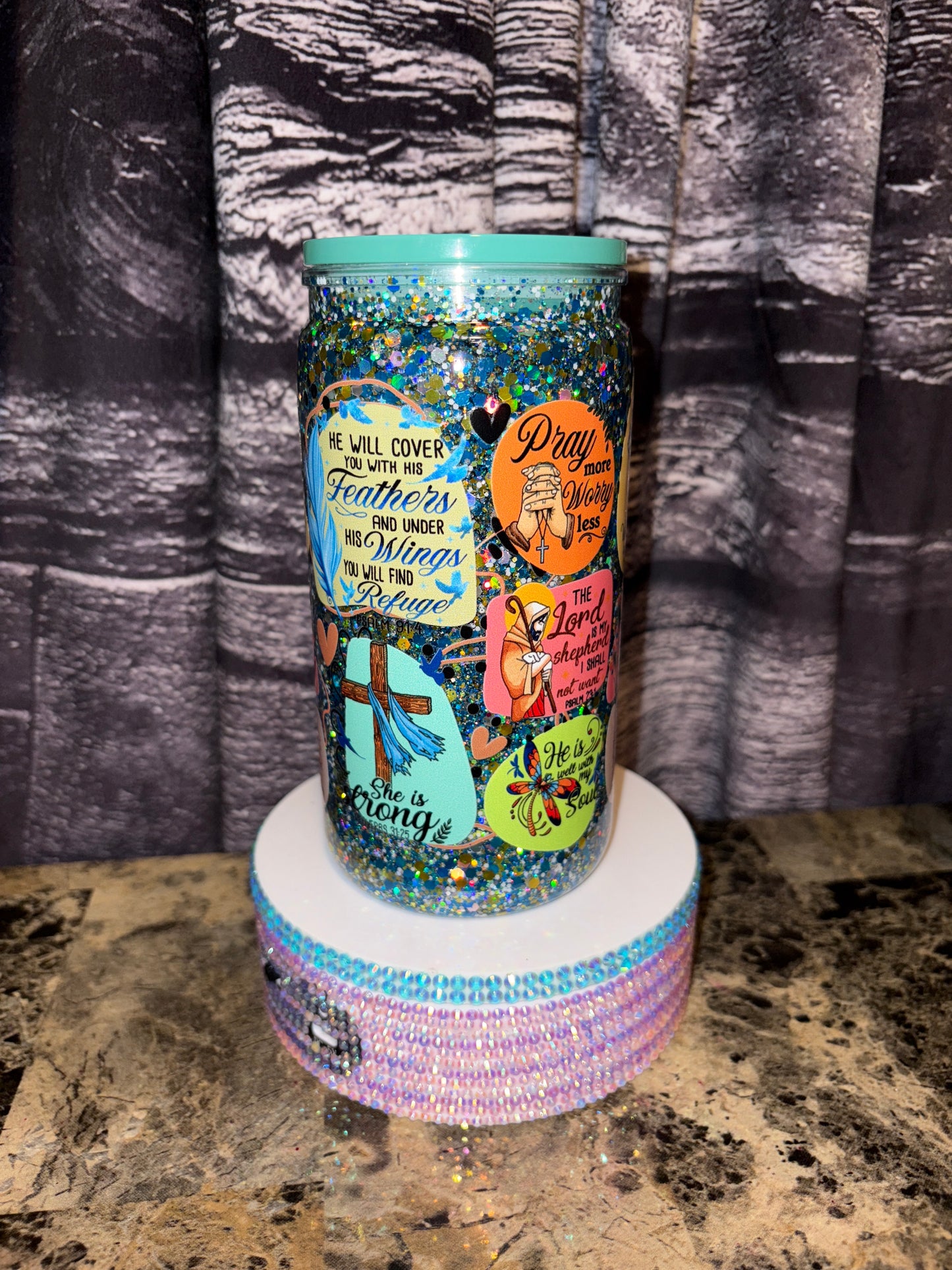 Faith and Feathers Glitter Tumbler