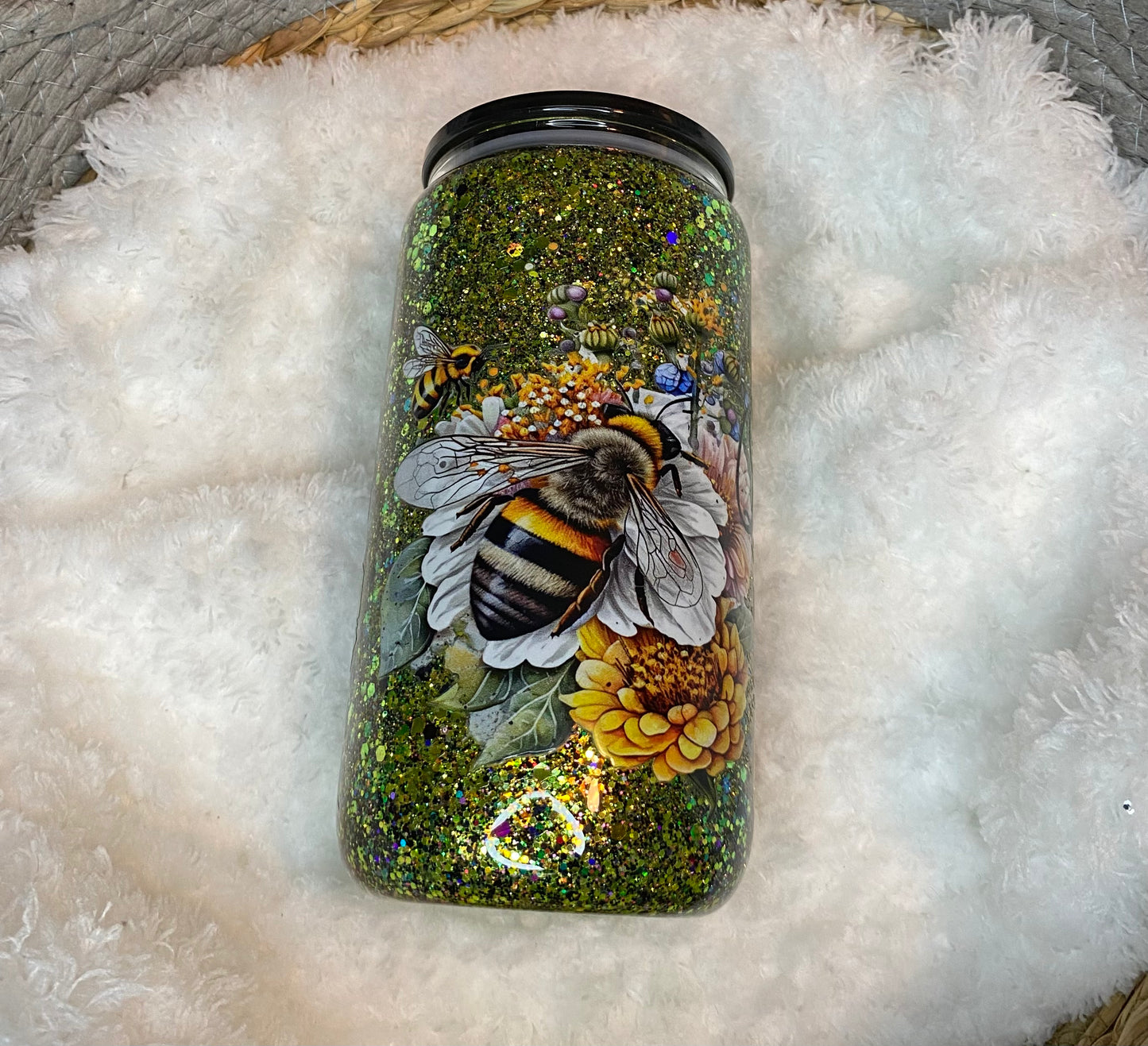 16oz Glass Can Snow Globe Tumbler - Glitter & Floral Bee Design