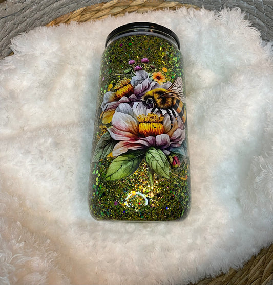 16oz Glass Can Snow Globe Tumbler - Glitter & Floral Bee Design